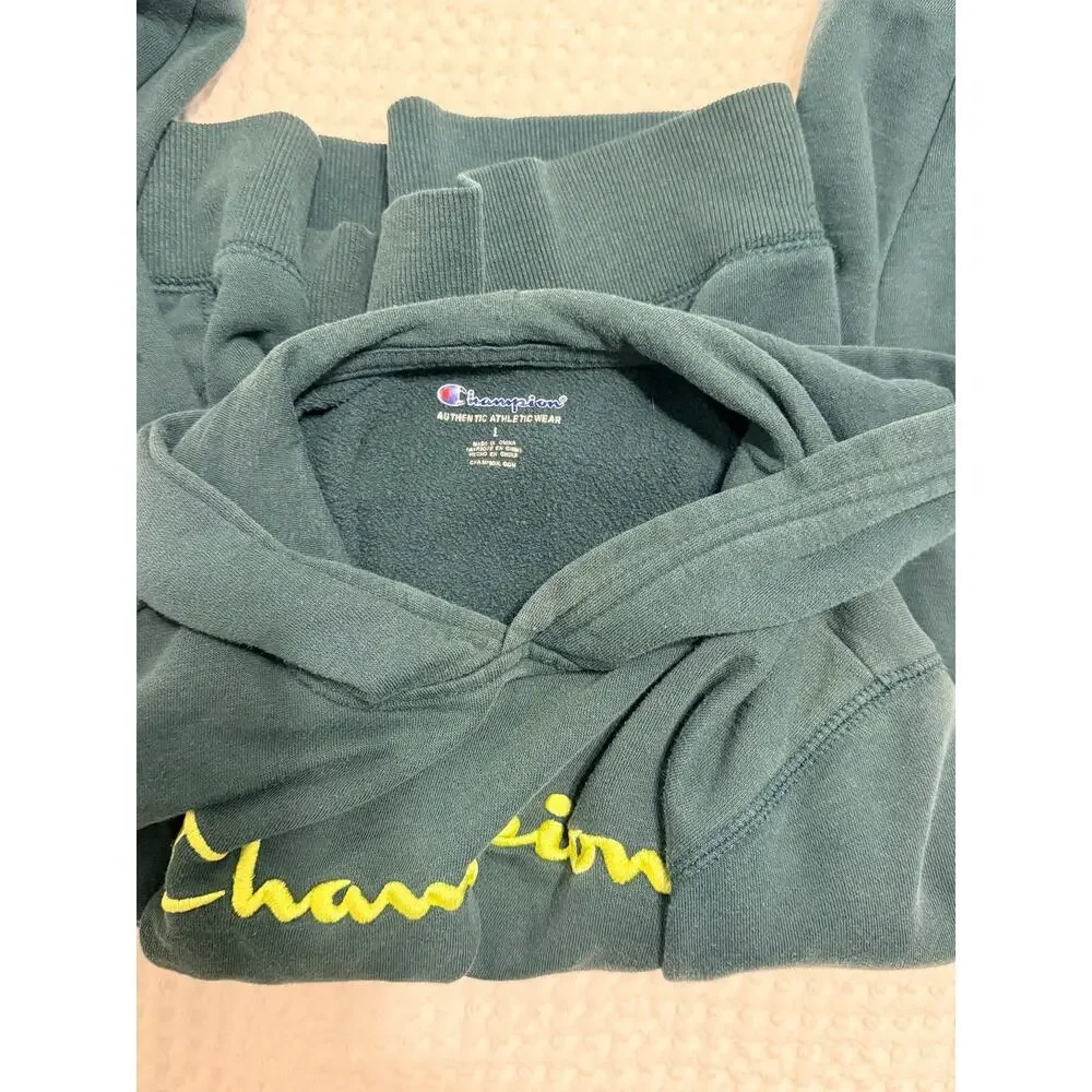 Champion Youth Large Script Logo Pullover Hoodie Sweatshirt Green